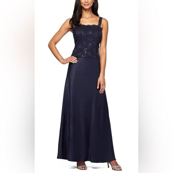 NWT Alex Evenings | 1121198 Midnight Blue Lace and Chiffon Dress 10 - Picture 1 of 9